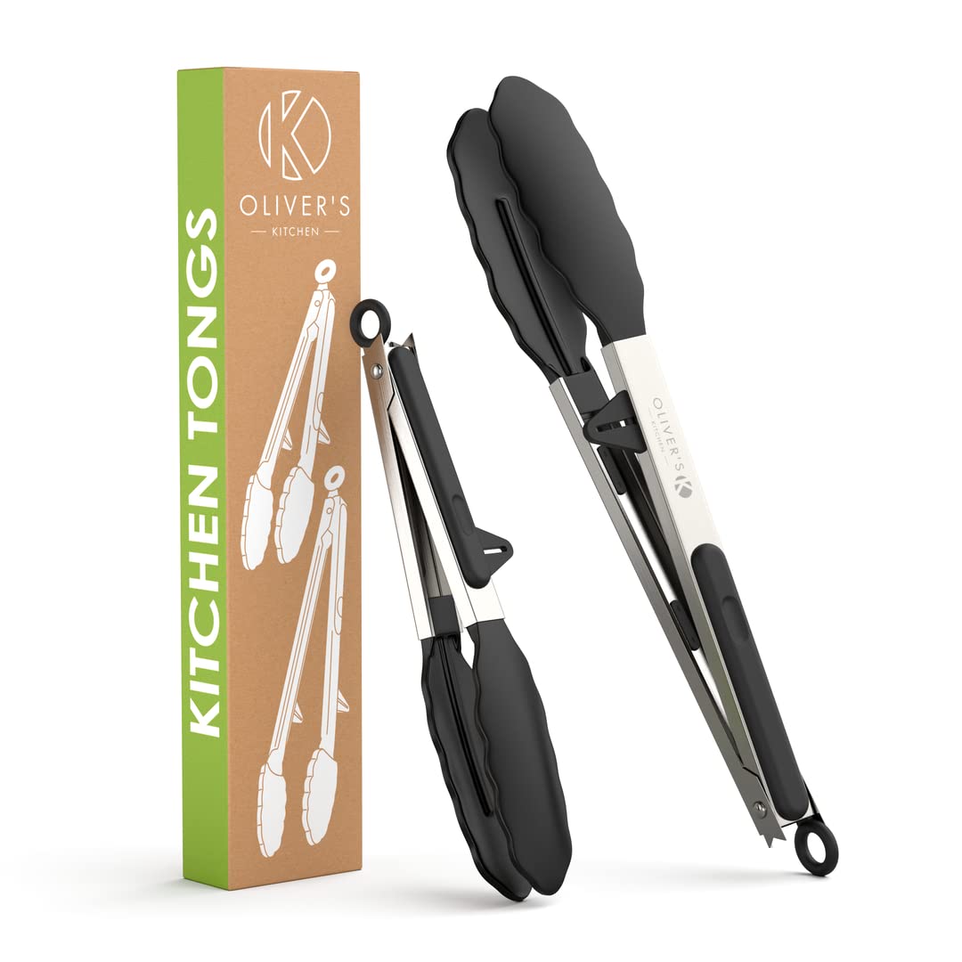 Olivers Kitchen  Tongs - 2x Food Safe Silicone Cooking Tongs - Locking Clip for Easy Storage - Great for BBQ - Easy To Use & Gr