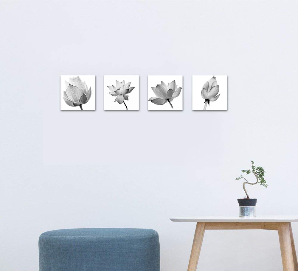 Vvovv Wall Decor - 4 Panels Flowers Artwork Black And White Elegant Floral Canvas Art Print Blooming Lotus Picture Framed Water
