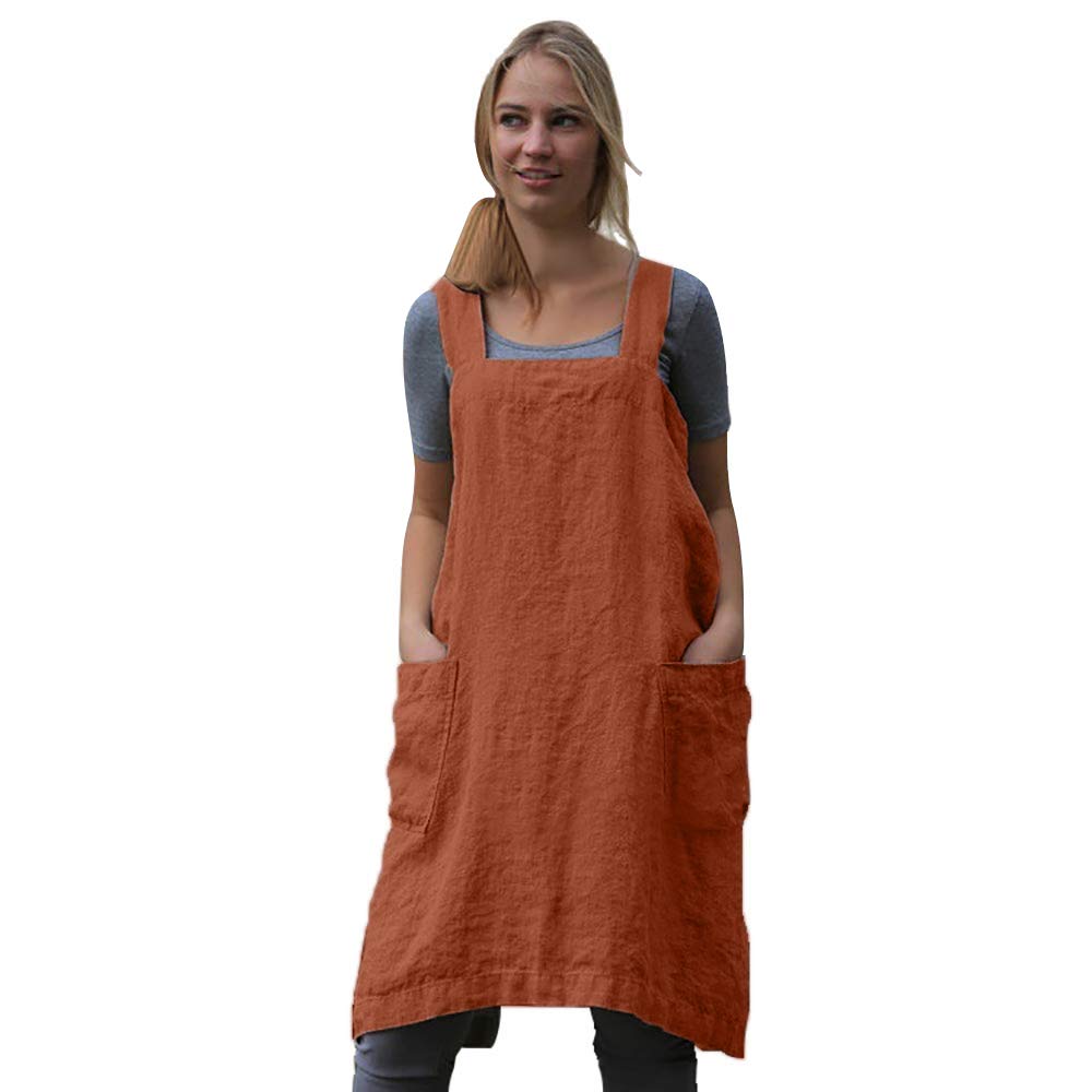 Women 'S Pinafore Square Apron Baking Cooking Gardening Works Cross Back Cotton/Linen Blend Dress With 2 Pockets Orange-2Xl