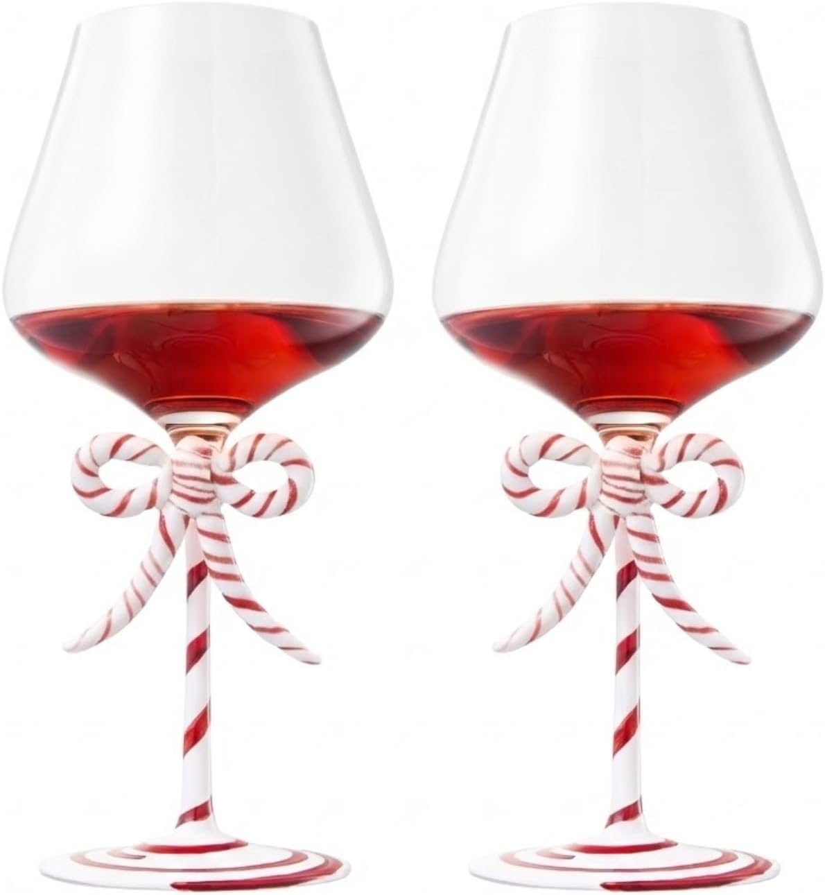 Khen Christmas Candy Cane Bow Wine Glasses - Set of 2