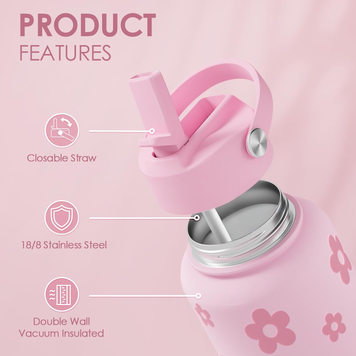 Floral Water Bottle Stainless Steel 32oz with Lid & Straw, Daisy Insulated Bottles Gifts for Women Girls Friends Teens Birthday