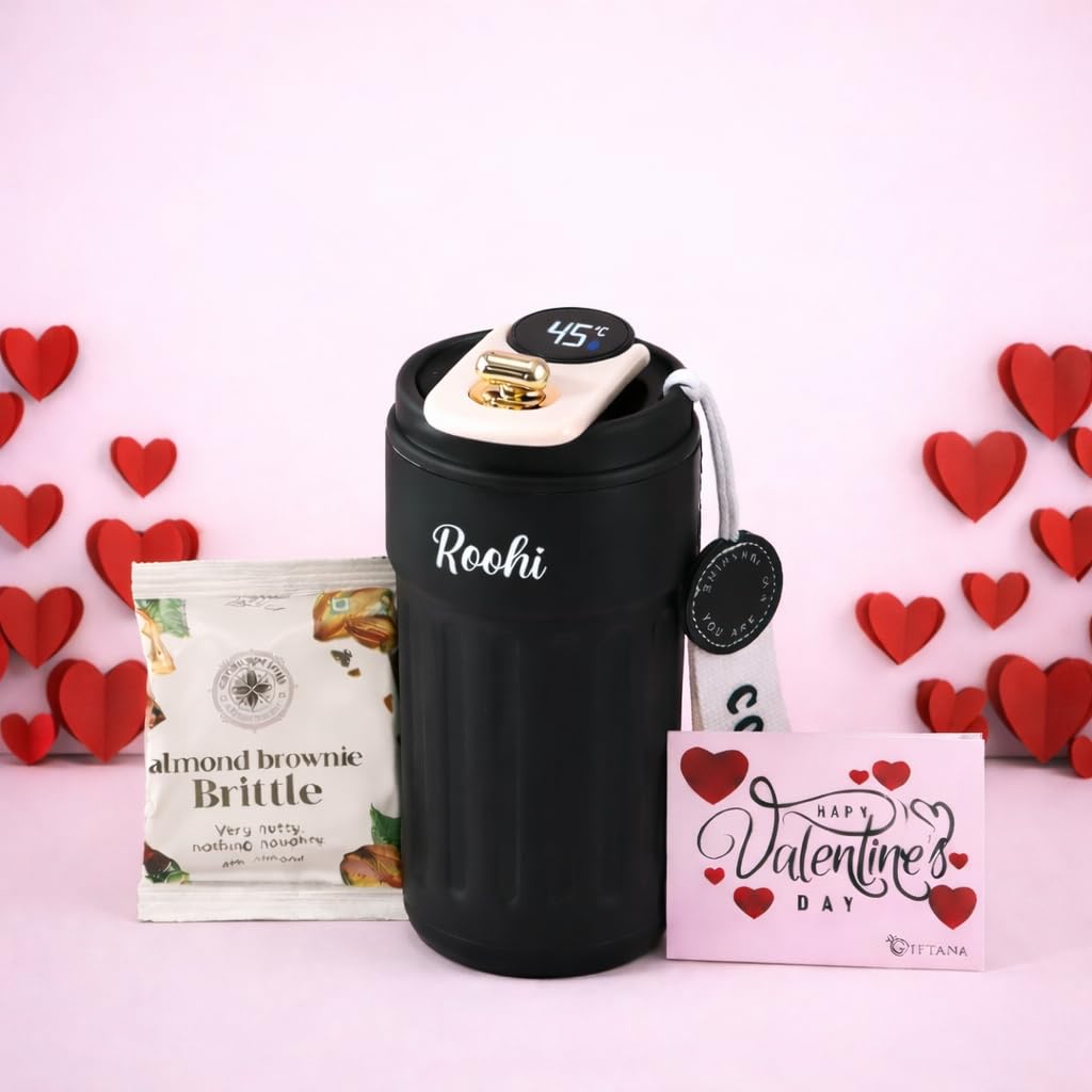 Giftana Personalized Valentines Gift Set  Coffee Tumbler with Temperature Display, Brownie Brittle & Valentines Day Card  Vale