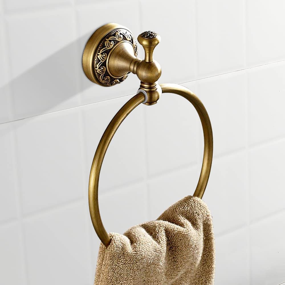 Leyden Brass Towel Ring  Antique Retro Round Towel Holder  Wall Mounted Bath Hand Towel Rack Rail Bathroom Hardware Classical Ancient Wave Pattern Base