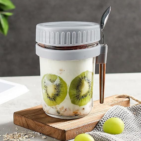Patzy Overnight Oats Containers With Lids,1 Pcs  350Ml Overnight Oats Jars With Spoons And Measurement Marks, Mason Glass Jars 