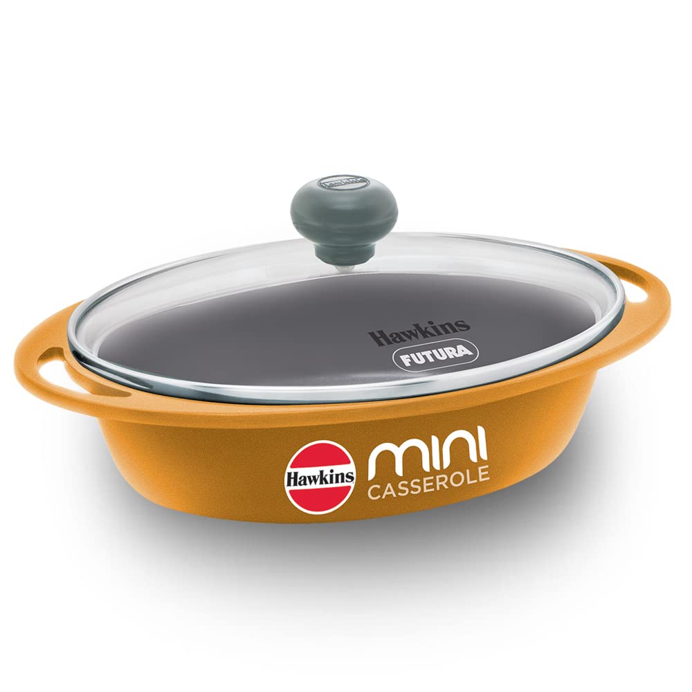 Hawkins 0.75 Litre Mini Casserole With Glass Lid, Oval Shaped DieCast Pan For Cooking, Reheating, Serving And Storing, Yellow (