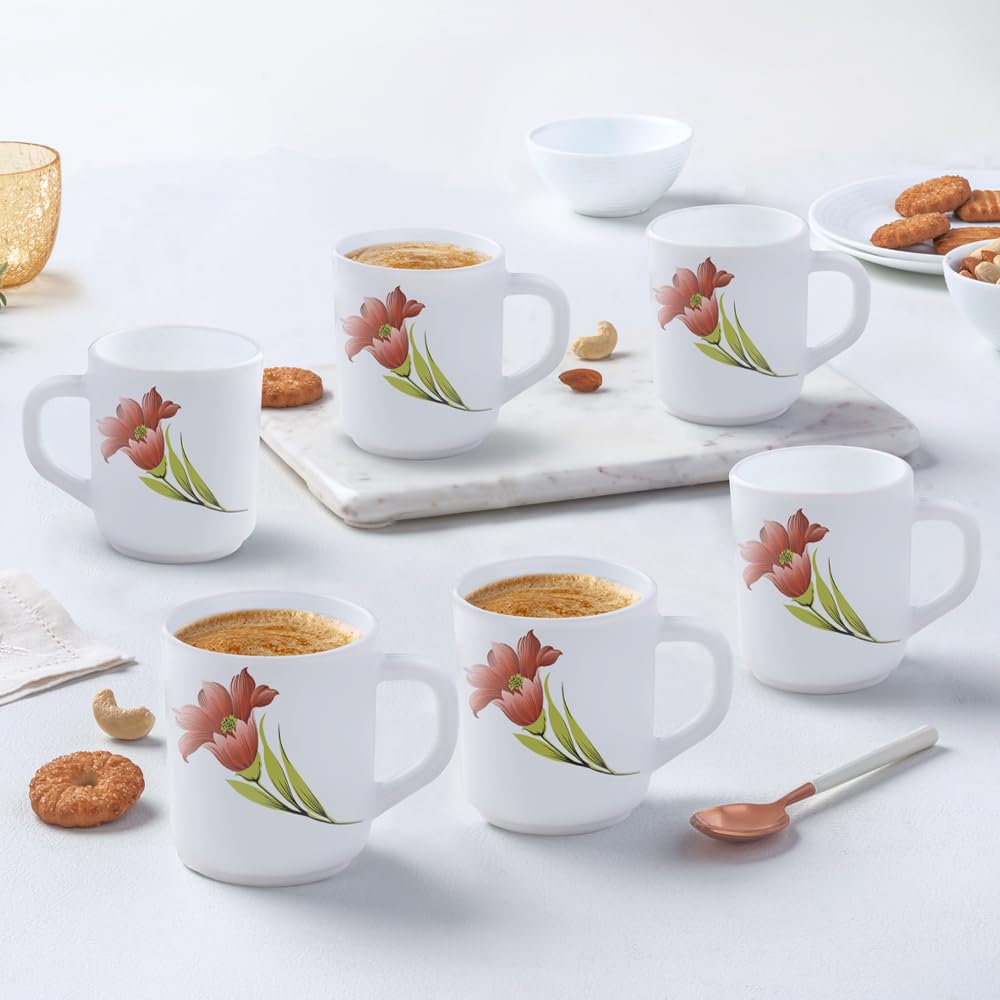 Larah by BOROSIL Red Iris Opalware Mug, Set of 6 Tea/Coffee Mugs, 240 ml Each, Microwave & Dishwasher Safe, BoneAsh Free, Crock