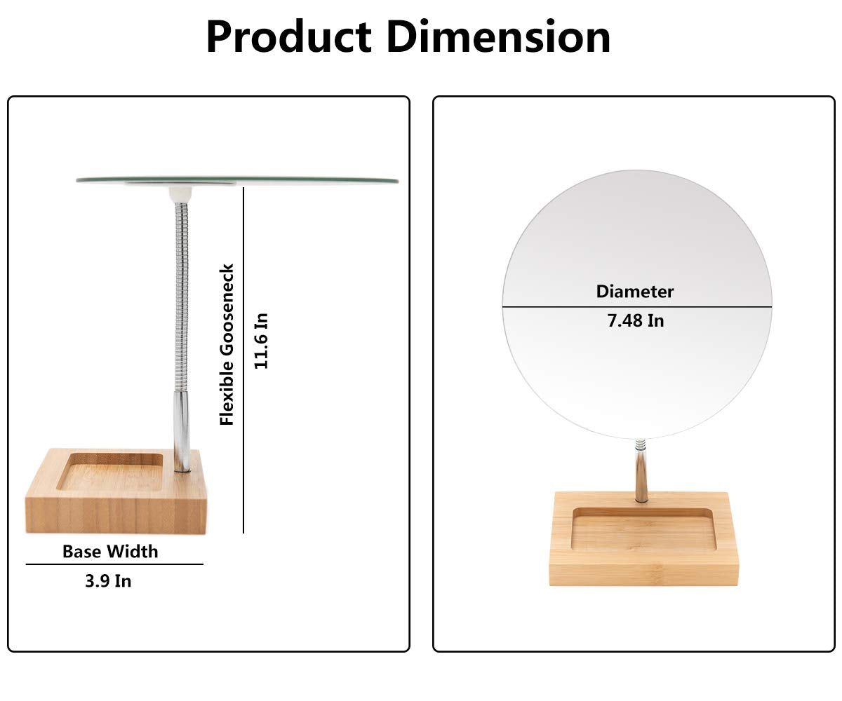 Yeake Flexible Gooseneck Bamboo Vanity Makeup Mirror,360   Rotation 8'' Large Frameless Vanity Mirror Folding Portable Table Des