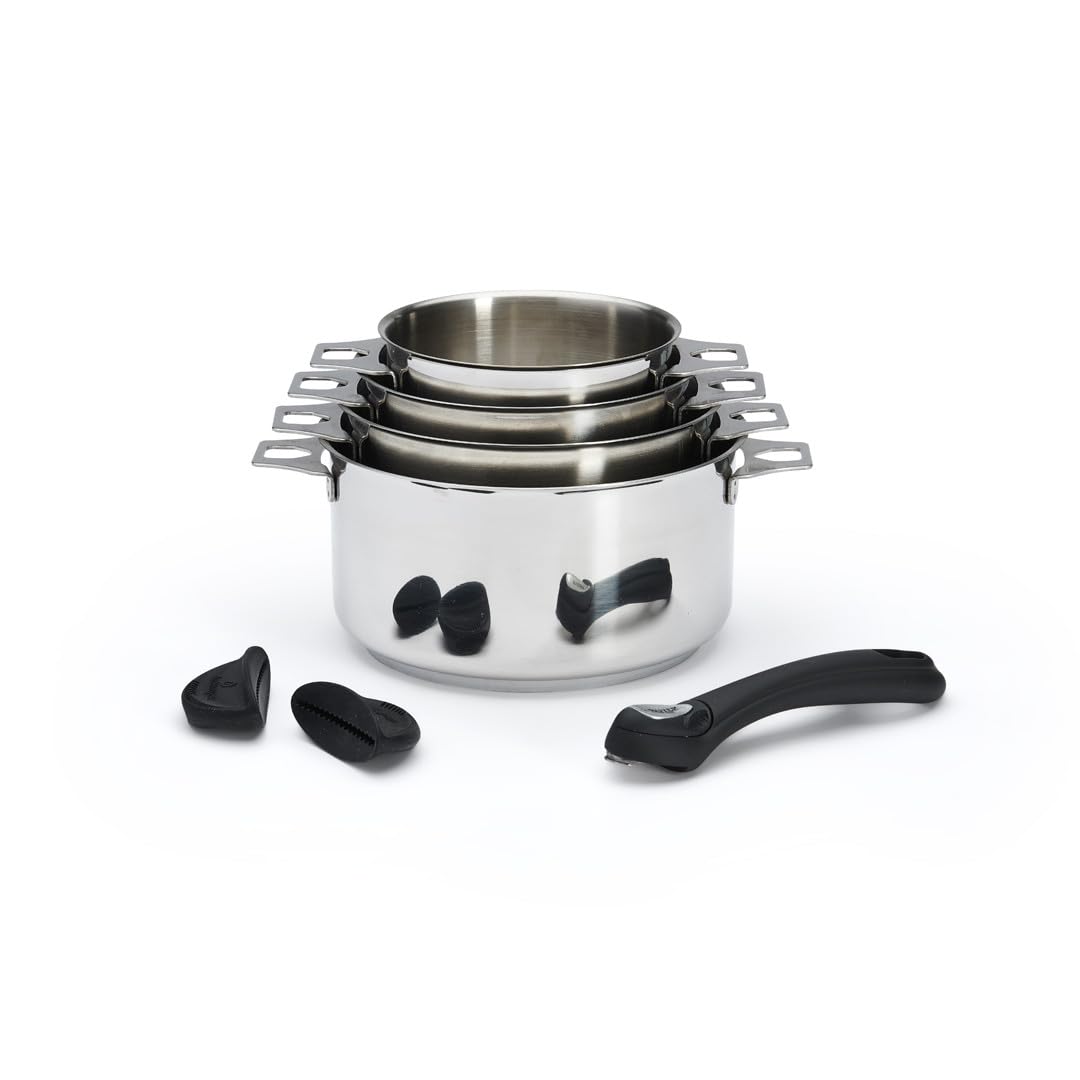 DE BUYER 3491.04 Twisty Set of 4 Pans  14/16/18/20 cm with 1 Black Handle and 2 Black Silicone Knobs