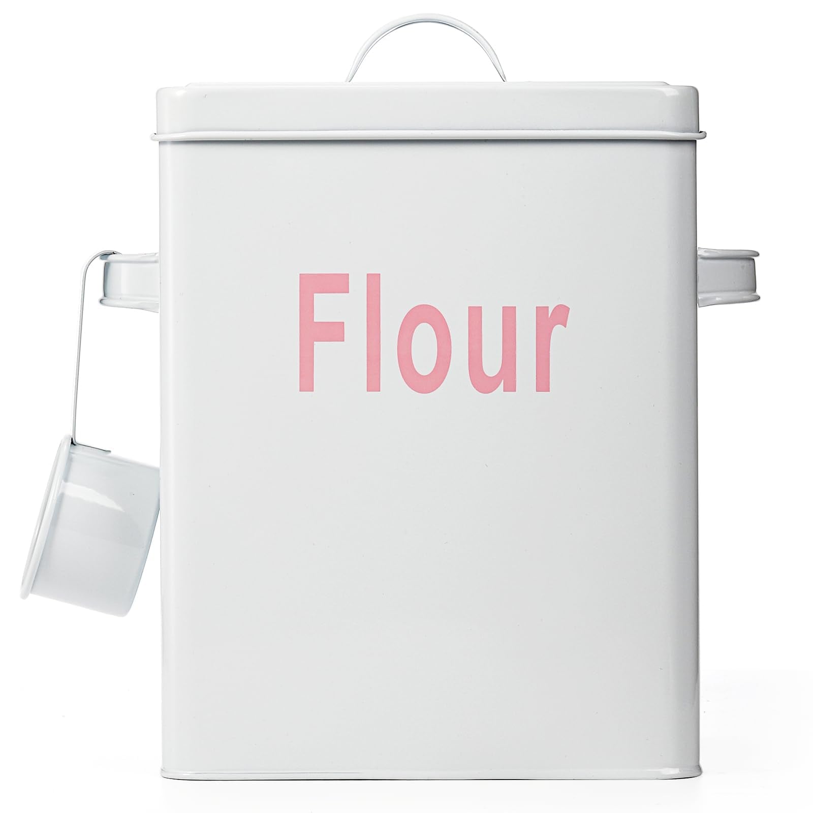Youeon 1.5 Gallon Metal Flour Storage Container With Airtight Lid And Measuring Scoop, Square Flour Canister With Handle, White