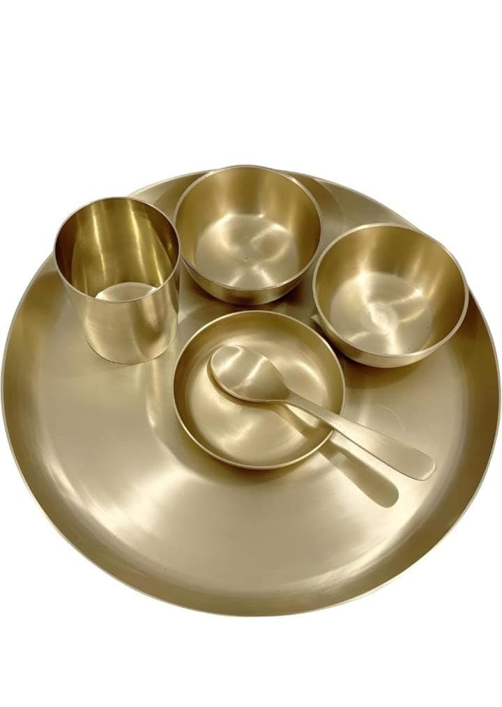 Bona Fide Kansa Thali Dinner Set | Bronze, 6 Pieces, Kansa Dinner Set,Heavy Gauge Matte Design,Thali Size 11 Inch(1800Gm),Kansa/