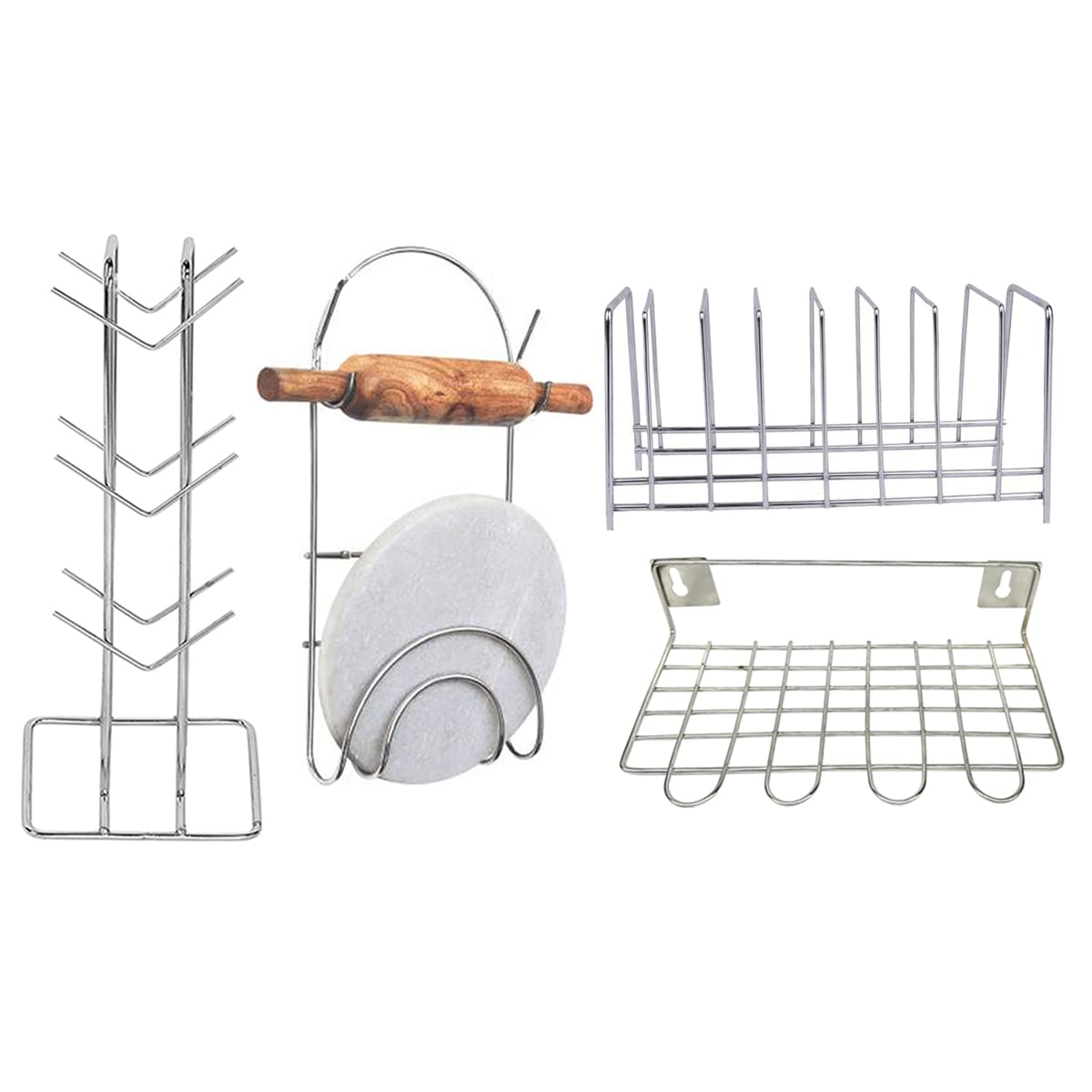 Jisun Stainless Steel Cup Stand/Cup Holder & Plate Stand/Dish Rack & Chakla Belan Stand & Wall Mounted Ladle For Kitchen