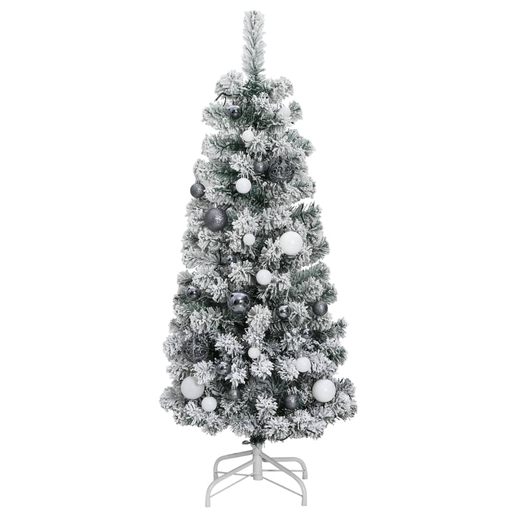 vidaXL Artificial Hinged Christmas Tree with LED Lights and Decorative Ball Set - 47.2    Height, Green/White, with Sturdy Stand