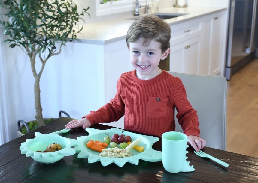 5 Piece Cellulose Feeding Meal Set, Plate, Bowl, Cup, Spoon & Fork - Eco-Friendly, Dishwasher & Microwave Safe (Dinosaur)
