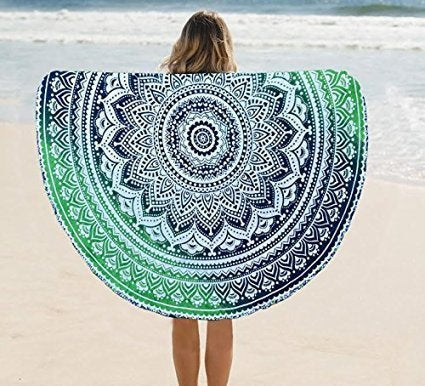 Raajsee Green Ombre Round Beach Tapestry Hippie/Boho Beach Blanket Roundie/Indian Cotton Throw Bohemian Round Table Cloth/Yoga M