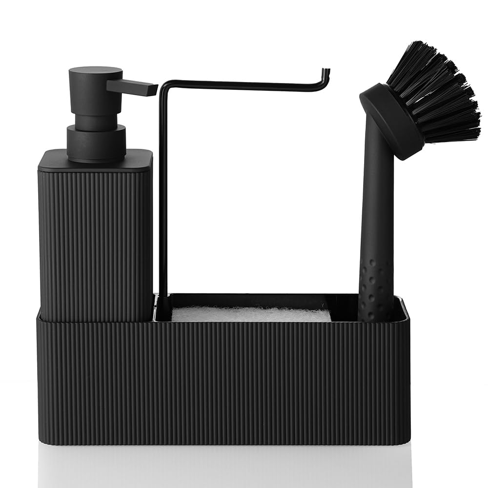 YAUKPH 4 in 1 Kitchen Soap Dispenser Set - Soap Dispenser Brush Sponge Holder Towel Rack (Striped Black)