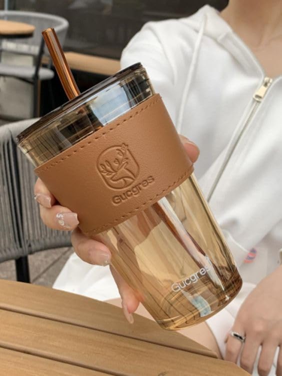World Reusable Glass Coffee Sipper Mugs with Lid & Straw, 450ml Multipurpose Drinking Glasses Tumbler with Leather Sleeve Cup fo