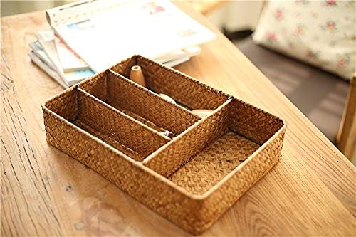 Decrafts Seagrass Storage Basket With Compartments Utensil Tray For Organization Silverware Flatware Rectangular Shelf Baskets W