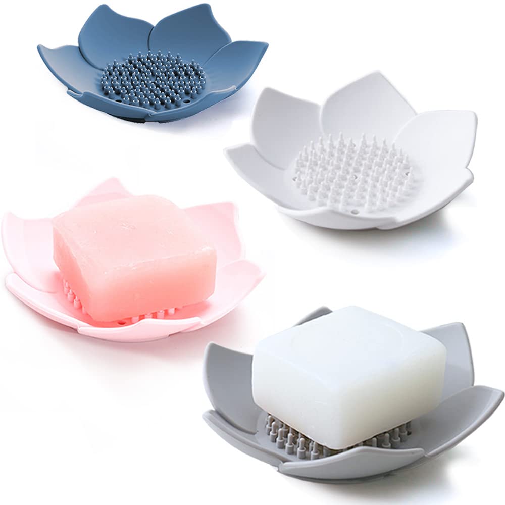 Silicone Soap Dishes With Draining. Bathroom Bar Soap Holder For Shower. Soap Tray For Kitchen Sink. Flower Shape Soap Saver For