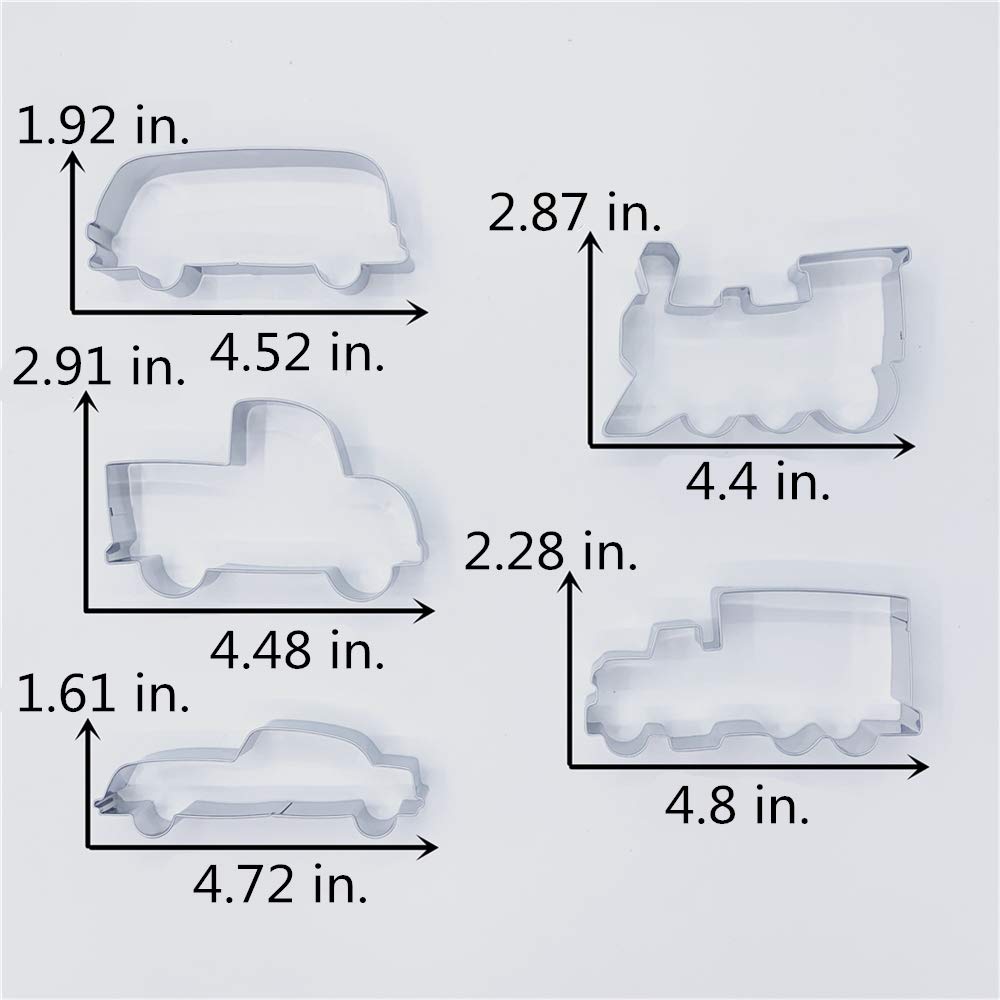Liliao Transportation Cookie Cutter Set - 5 Piece - Train, Truck, Pick-Up Truck, Beat-Up Car And Bus Fondant Cutters - Stainless