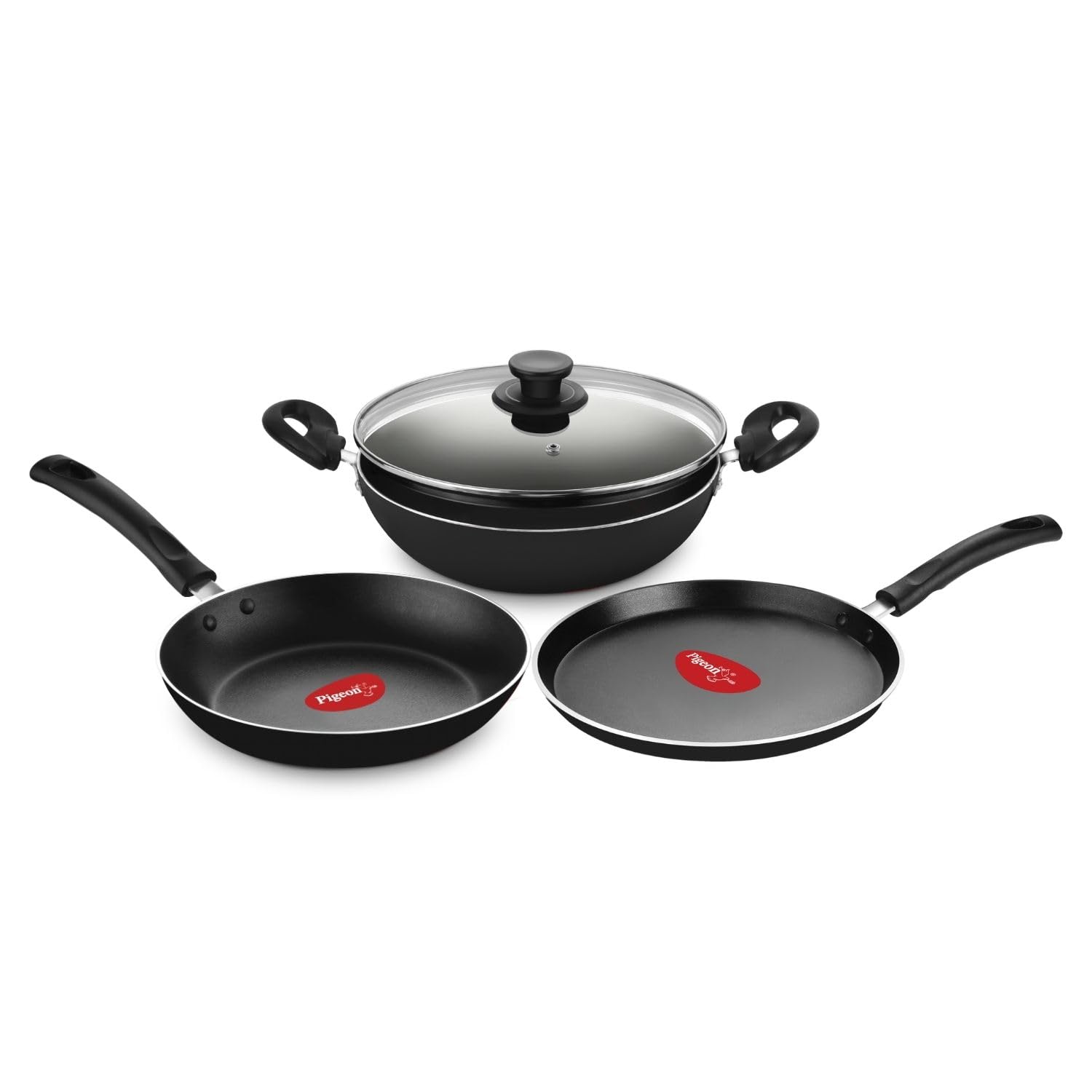 Pigeon Basics Induction Base Non Stick Aluminium Cookware Set, Including Flat Tawa, Kadai With Glass Lid, And Frying Pan (Black)