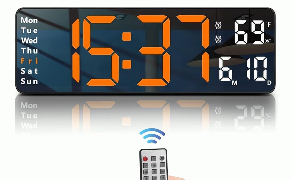 Rukshv Large Digital Wall Clock With Remote - Led Display, Temperature & Date, Night Mode - Modern Wall Mounted Clock For Home, 