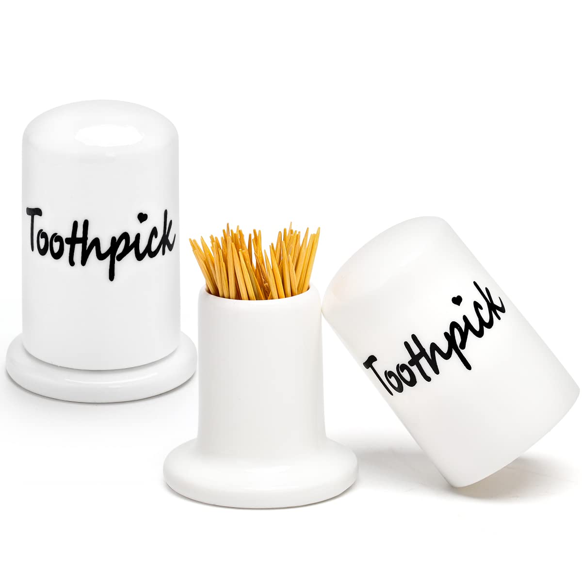 Swetwiny Ceramic Toothpick Holder Set Of 2, Porcelain Toothpick Holder Dispenser With Lid For Home And Kitchen Decor (2Pcs Black