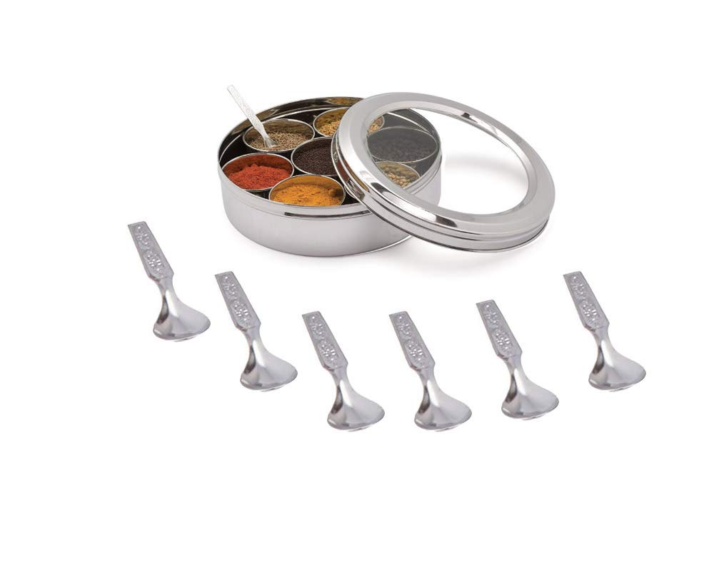 Shradha Trading Stainless Steel Transparent Masala Box/Spice Box/Masala Dabba/Spice Container - 7 Containers, Steel Masala Box/M