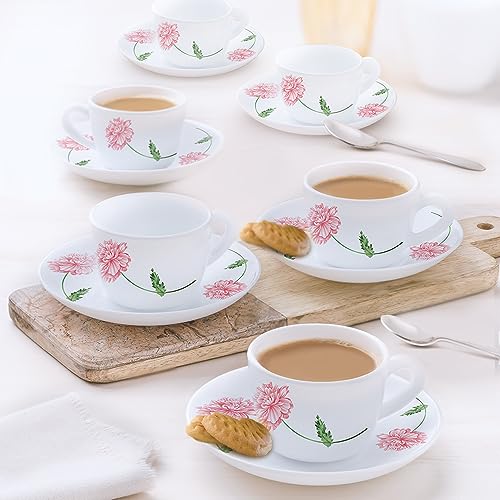 Larah By Borosil Red Mist Opalware Cup And Saucer Set Of 12 Pcs | Tea/Coffee Cups 145 Ml | Microwave & Dishwasher Safe | BoneAs
