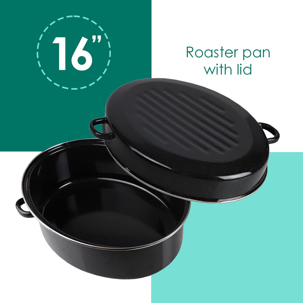 16'' Enameled Roasting Pan With Lid, By Home Basics (Black) | Turkey Roasting Pan | Carbon Steel Large Turkey Roasting Pan | For