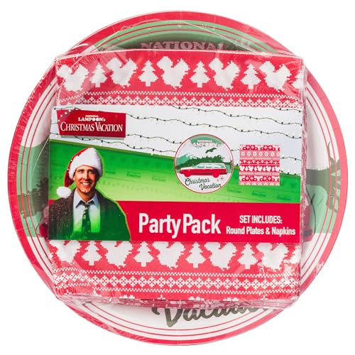 Silver Buffalo Christmas Vacation Wagon Tree Scene Sweater Pattern 32Ct Paper Napkin And Plate Party Pack