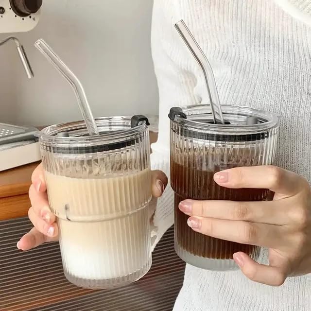 Kikiluxxa Round Glass Fruit Juice Milk Sipper Tumbler Mug With Lid And Straw For Kids  Pack Of 2  Can With Straw For Green Tea