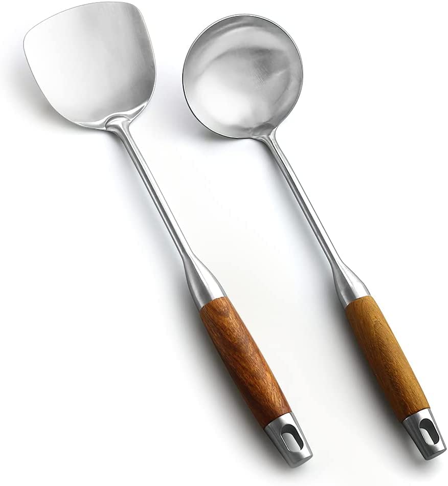 Wok Spatula & Ladle Tool Set, Aoosy 18/10 Stainless Steel Cooking Utensils, Wooden Handle Wok Utensils Soup Ladle 15 Inches Set