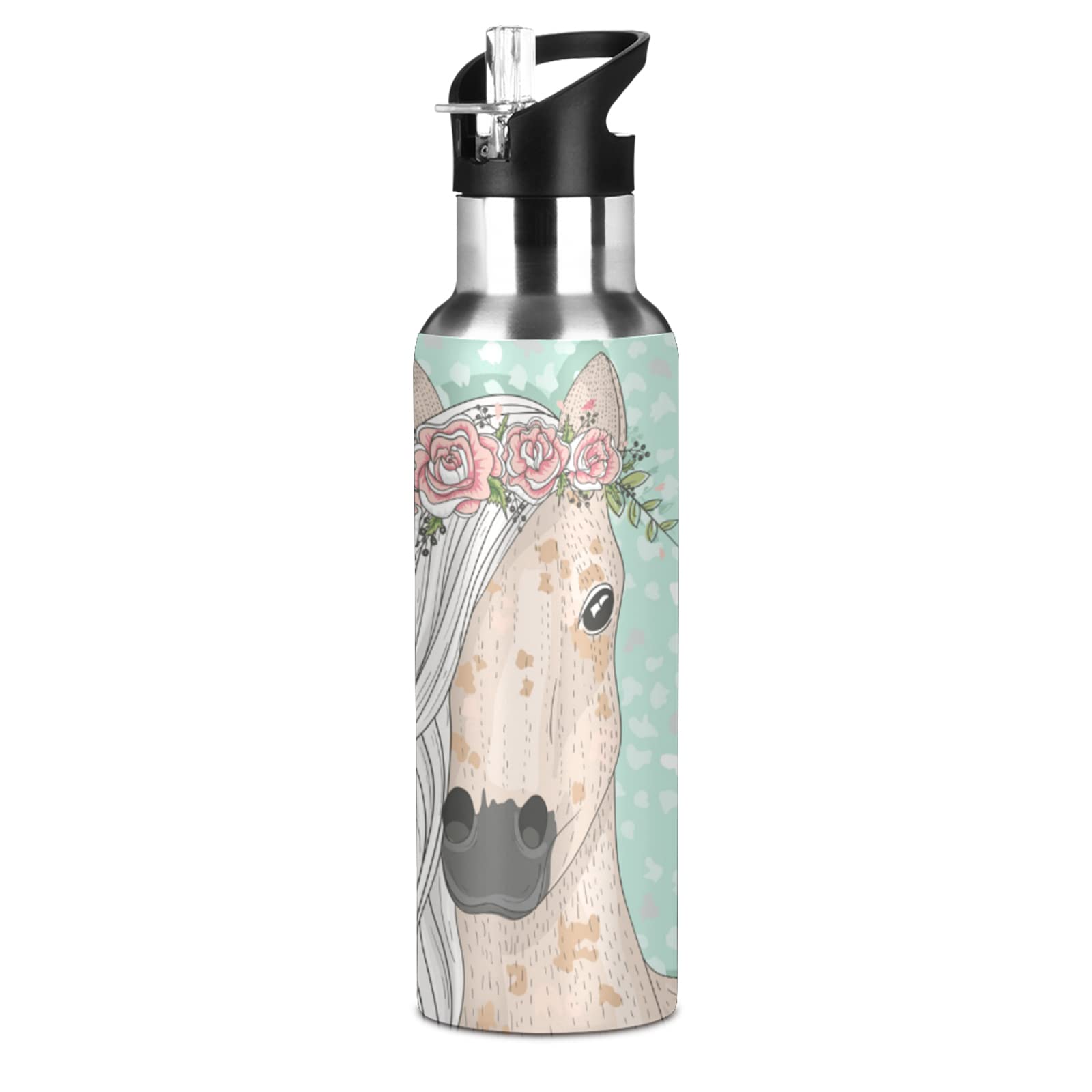 Flower Horse Water Bottle with Straw Lid Thermos, Kids Insulated Stainless Steel Water Flask School 20 Oz Hot Cold