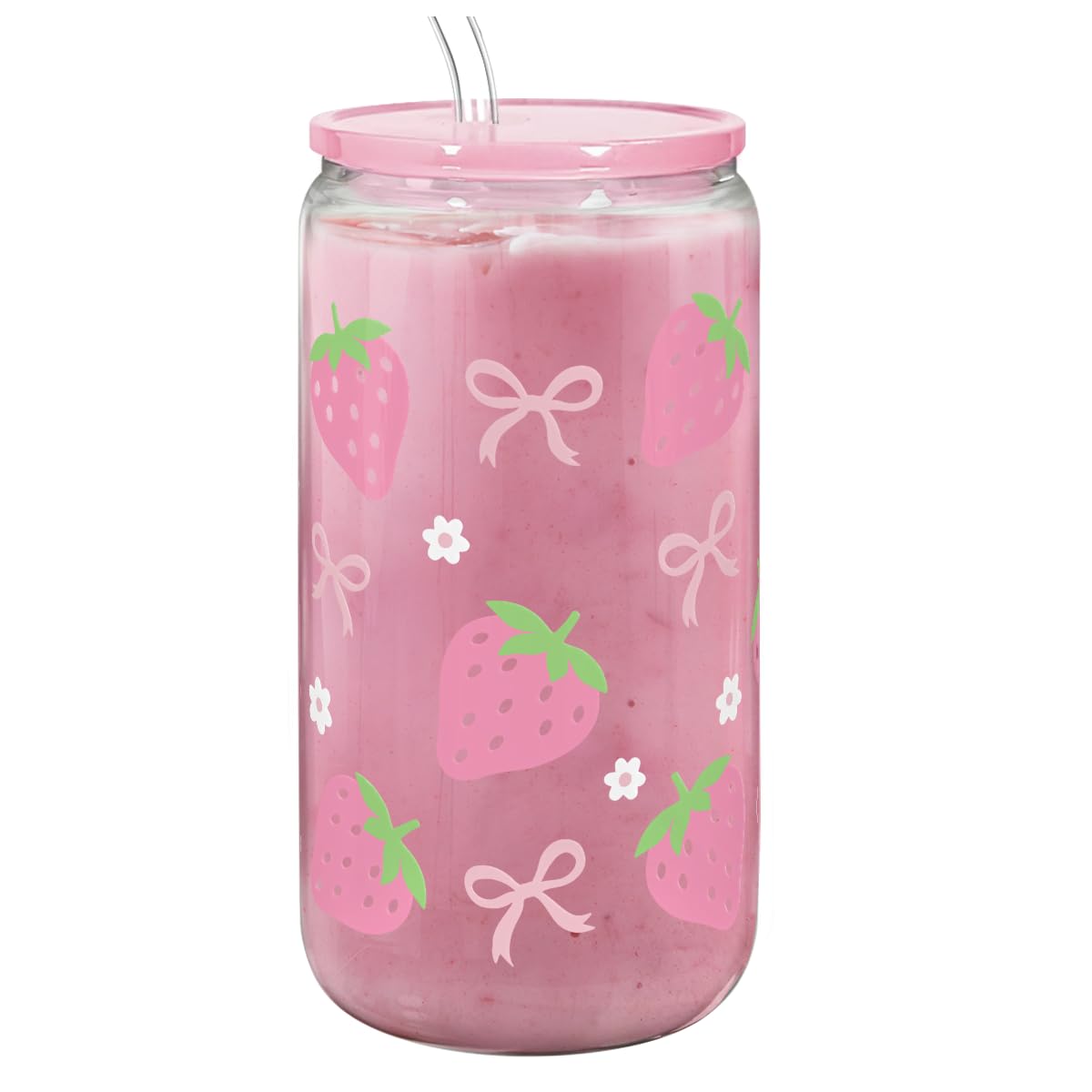 Strawberry 16 Oz Can Glass Tumbler with Acrylic Lid and Straw - Iced Coffee Cups for Women, Aesthetic Glass Cup Gift for Birthda