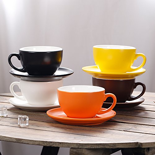 Coffeezone Ceramic Latte Art Cup And Saucer For Latte & Cappuccino, Mate For Coffee Shop And Barista (Matte Orange, 10.5 Oz)
