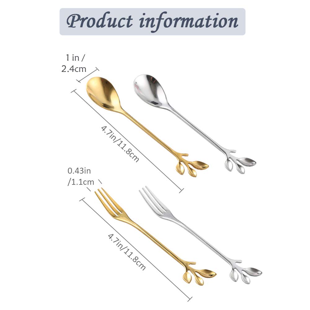 Turbokey Tableware Gold Leaf Coffee Spoon Fork 8 Pack(4 Spoons 4 Forks) Little Demitasse Espresso Spoon and Appetizer Dessert Forks Set 4.7 Inches Tea Spoon Set (Gold8)