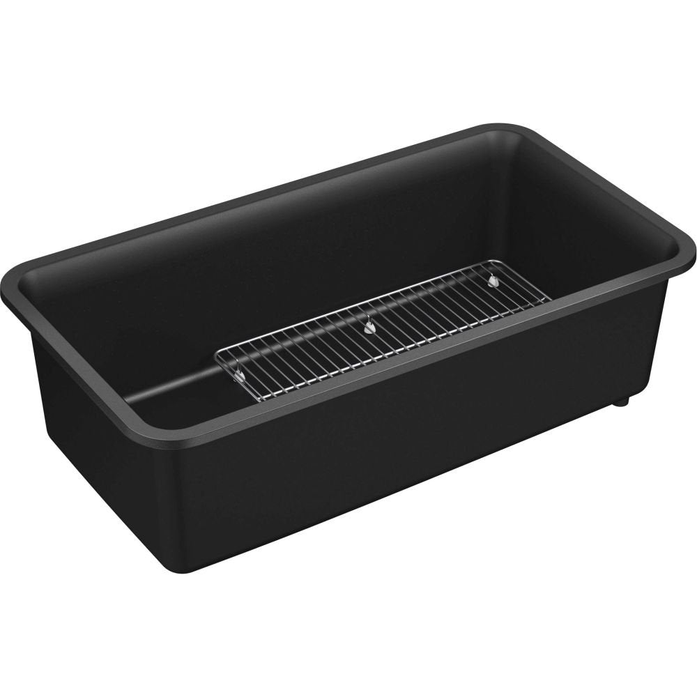 KOHLER K-8206-CM1 Cairn 33-1/2 Undermount Single-Bowl Kitchen Sink, Neoroc Composite Kitchen Sink with Sink Rack, Matte Black