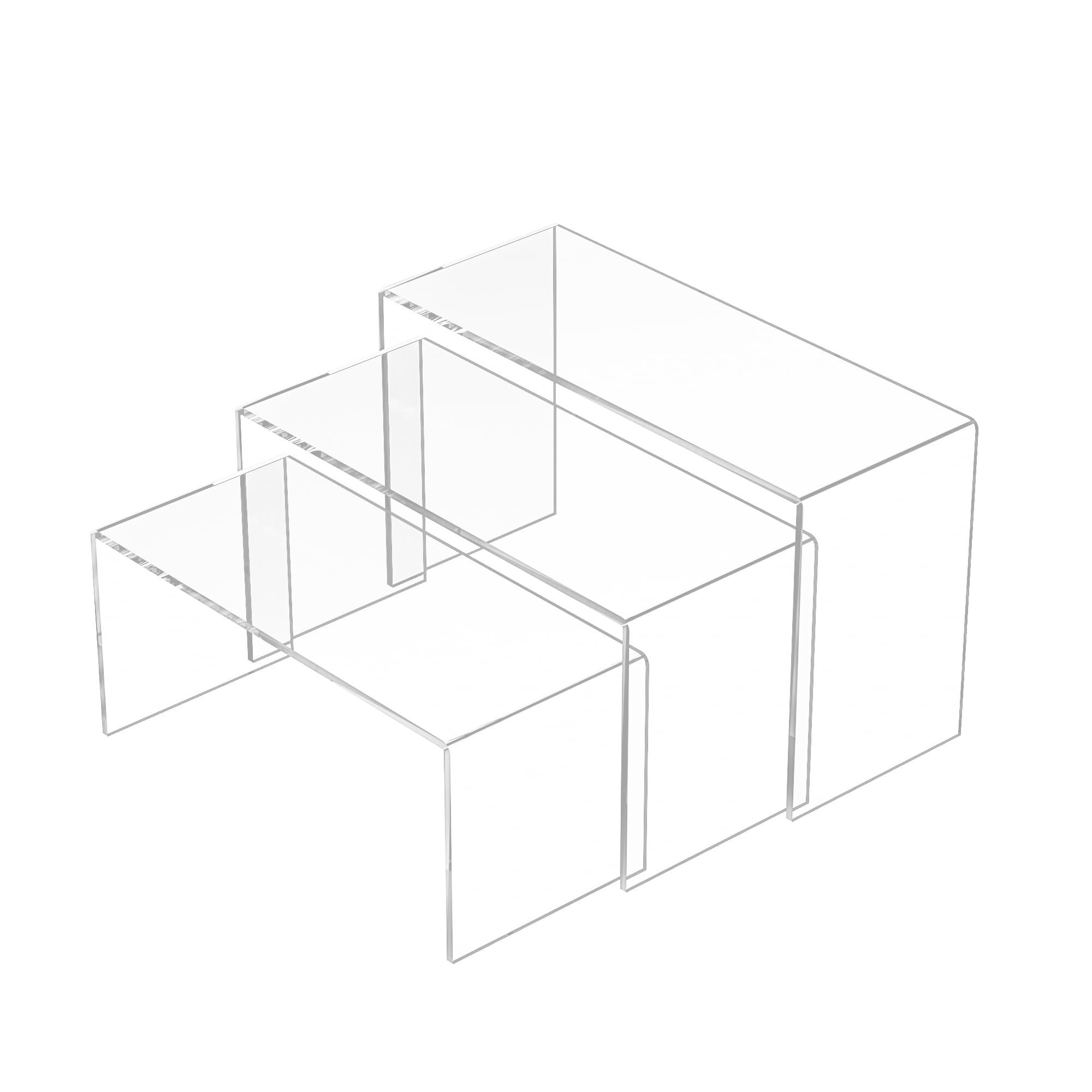 Sezanrpt 9x9.5x10 Inch Clear Display Risers Shelf 3pcs, Countertop Rectangular Acrylic Display Stands for Funko Pop Figure, Bags