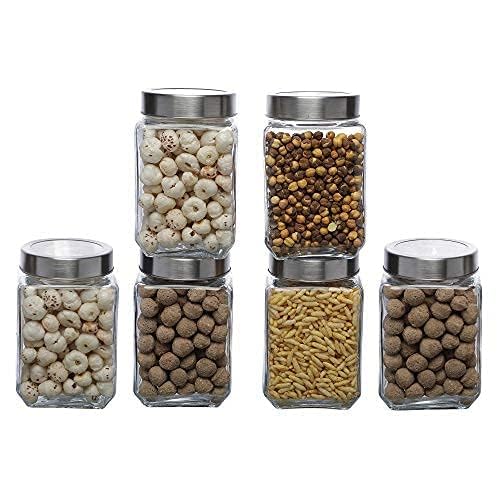 Simparte Glass Jar Barni 1000Ml Transparent Square Container Set Of 6 With Airtight Steel Lid For Pantry & Kitchen Storage Of Pi