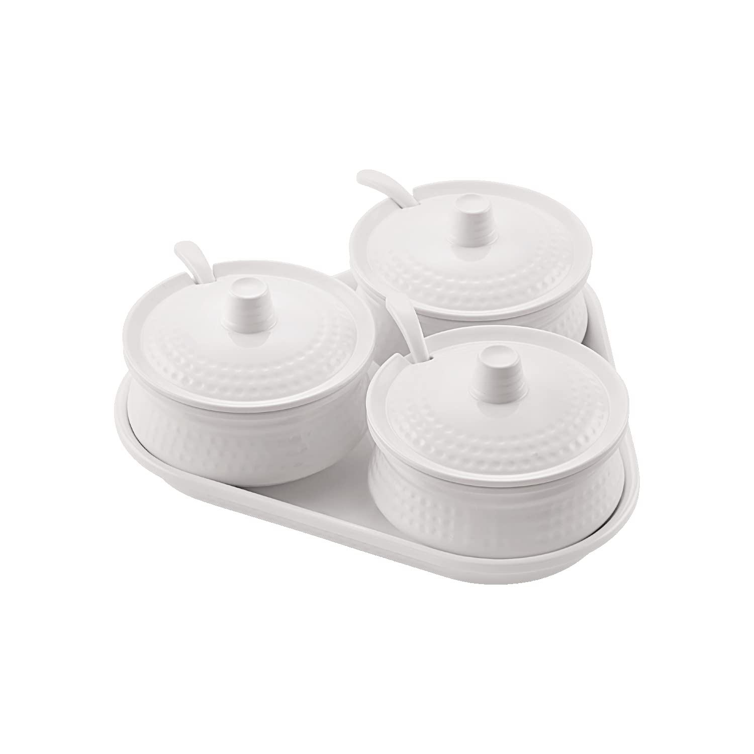 Cello Melamine Mellow White Pickle Serving Set With Tray (Set Of 3, White) | Condiment Set | Masala Container