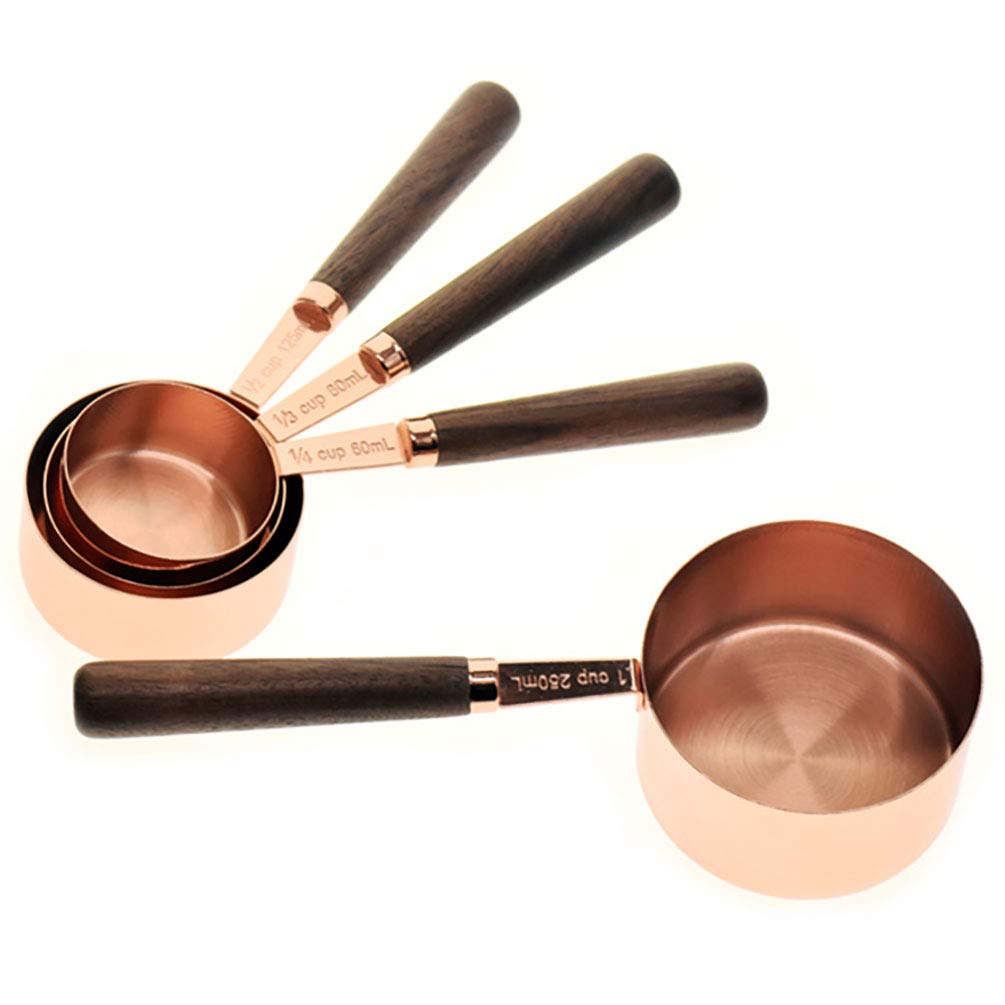 Goeielewe Set of 4 Copper-Plated Stainless Steel Measuring Cups with Walnut Handle - 1/4, 1/3, 1/2, 1 Cup Sizes