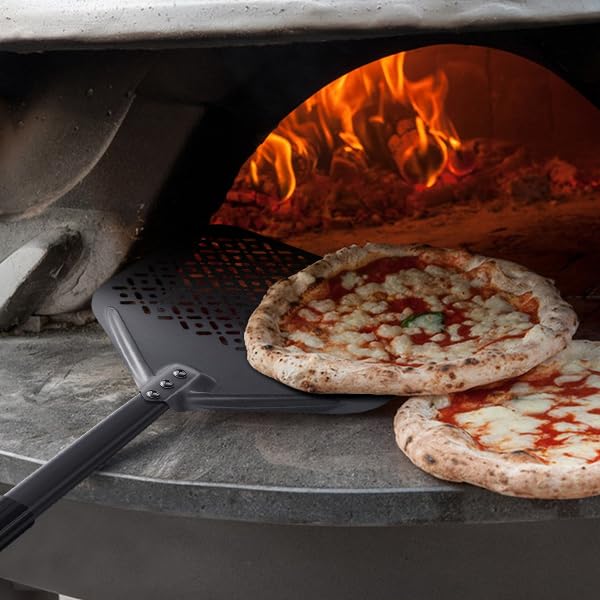 Nutuni 4 Piece Pizza Oven Kit Pizza Turning Peel 9 Inch, Perforated Pizza Peel, Pizza Oven Brush, Ash Rake, Wood Burning Commerc