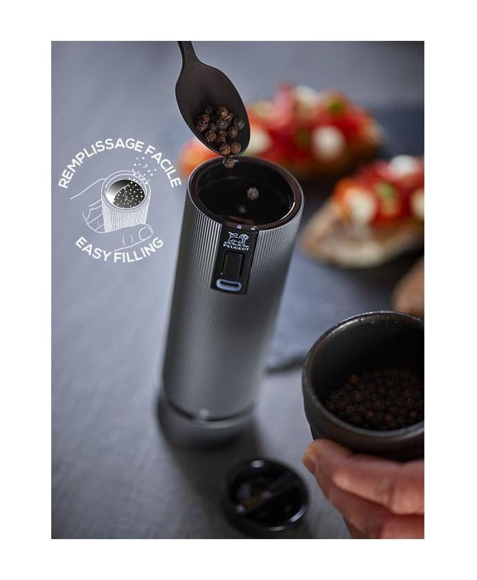 Peugeot - Line U'Select Rechargeable Electric Salt Mill 15Cm + Rock Salt Included - 6 Preset Flour Settings - Aluminium - Carbon