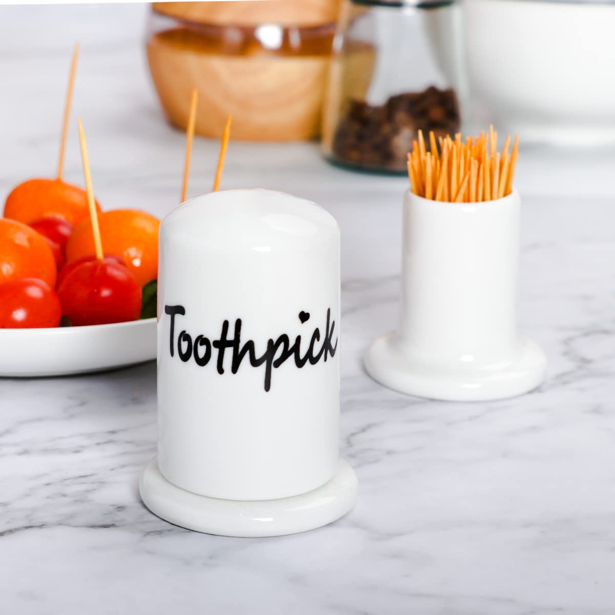 Swetwiny Ceramic Toothpick Holder Set Of 2, Porcelain Toothpick Holder Dispenser With Lid For Home And Kitchen Decor (2Pcs White