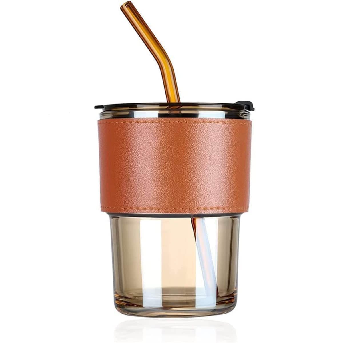 VEQQISTE Glass Reusable Sipper with Heat Resistant Leather Wrap Glass Coffee Mug with Silicone Straw and Leakproof Lid Tumbler