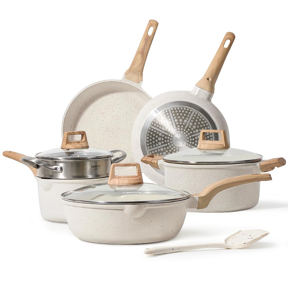CAROTE Nonstick Cookware Sets, Pots and Pans Set White Granite, Induction Cookware 12 Pcs Non Stick Cooking Set w/Frying Pans &