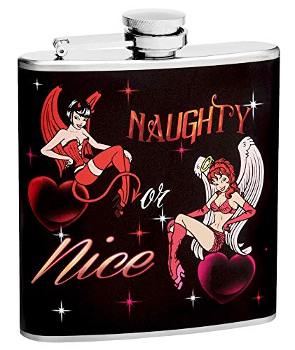Hip Flask Holding 6 oz  Naughty or Nice PinUp Girl Design  Pocket Size, Stainless Steel, Leak Proof, ScrewOn Cap  Red and B