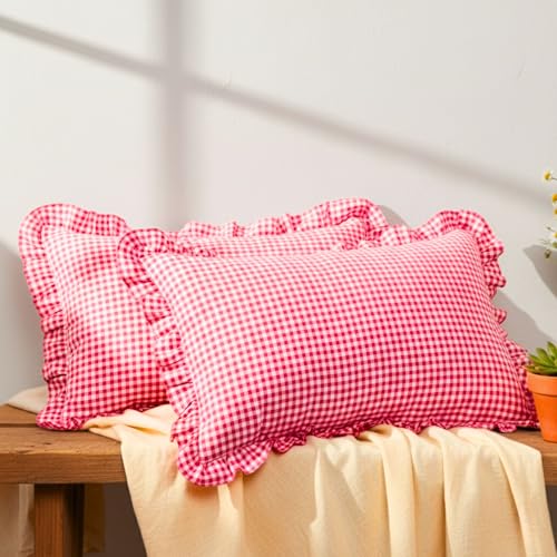 Sleepy Threads Pink Pillow Covers | Pack Of 2 | 27 X 18 Inch, Rectangular | Checkered Throw Pillow Cases With Frill Border | Dec