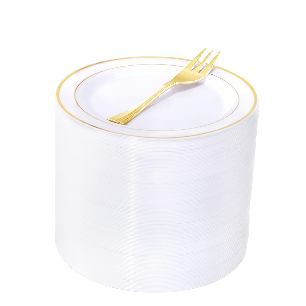 Wellife 120 Pcs Gold Plastic Dessert Plates And 120 Pcs Gold Forks, 6.5 Inch Disposable Salad Plates, Premium White Appetizer Pl