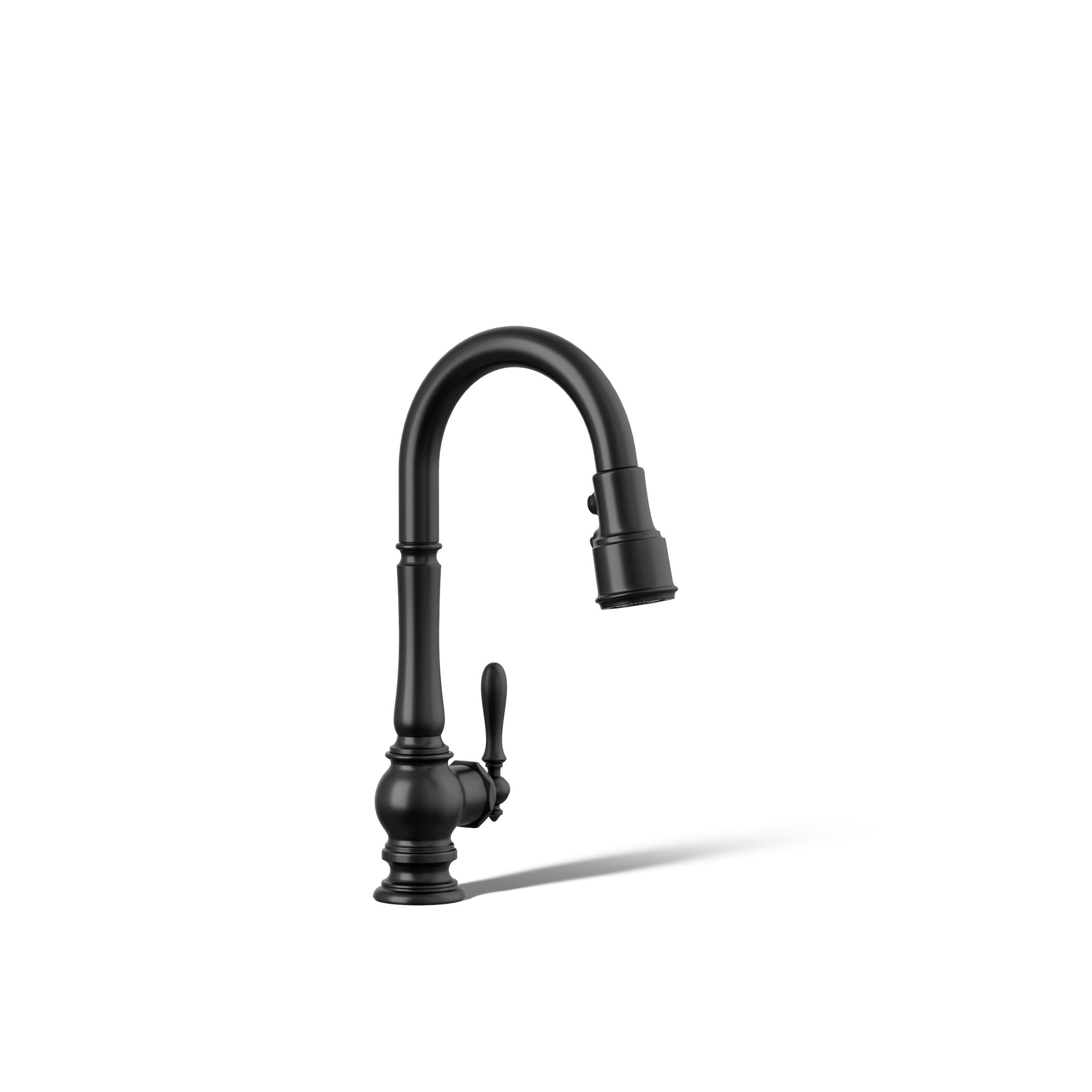 KOHLER Artifacts Pull Down kitchen sink faucet with Single Hole Install and lever handle, and 3-function sprayhead featuring Swe